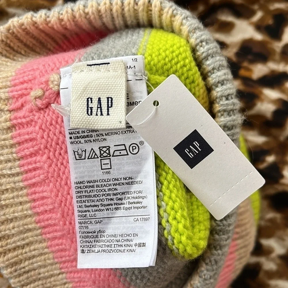 Brand New Gap Multicolored Striped Knit Cuffed Pom Hat